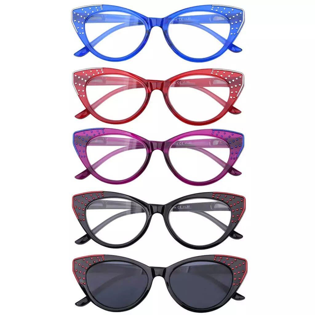 5 Pack Cat - eye Reading Glasses Thick Rimmed Readers R2115eyekeeper.com